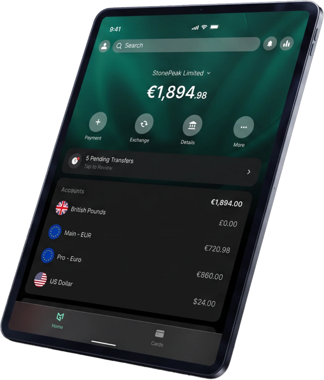 Moneygate app showing a multi-currency business balance with EUR, GBP and USD accounts